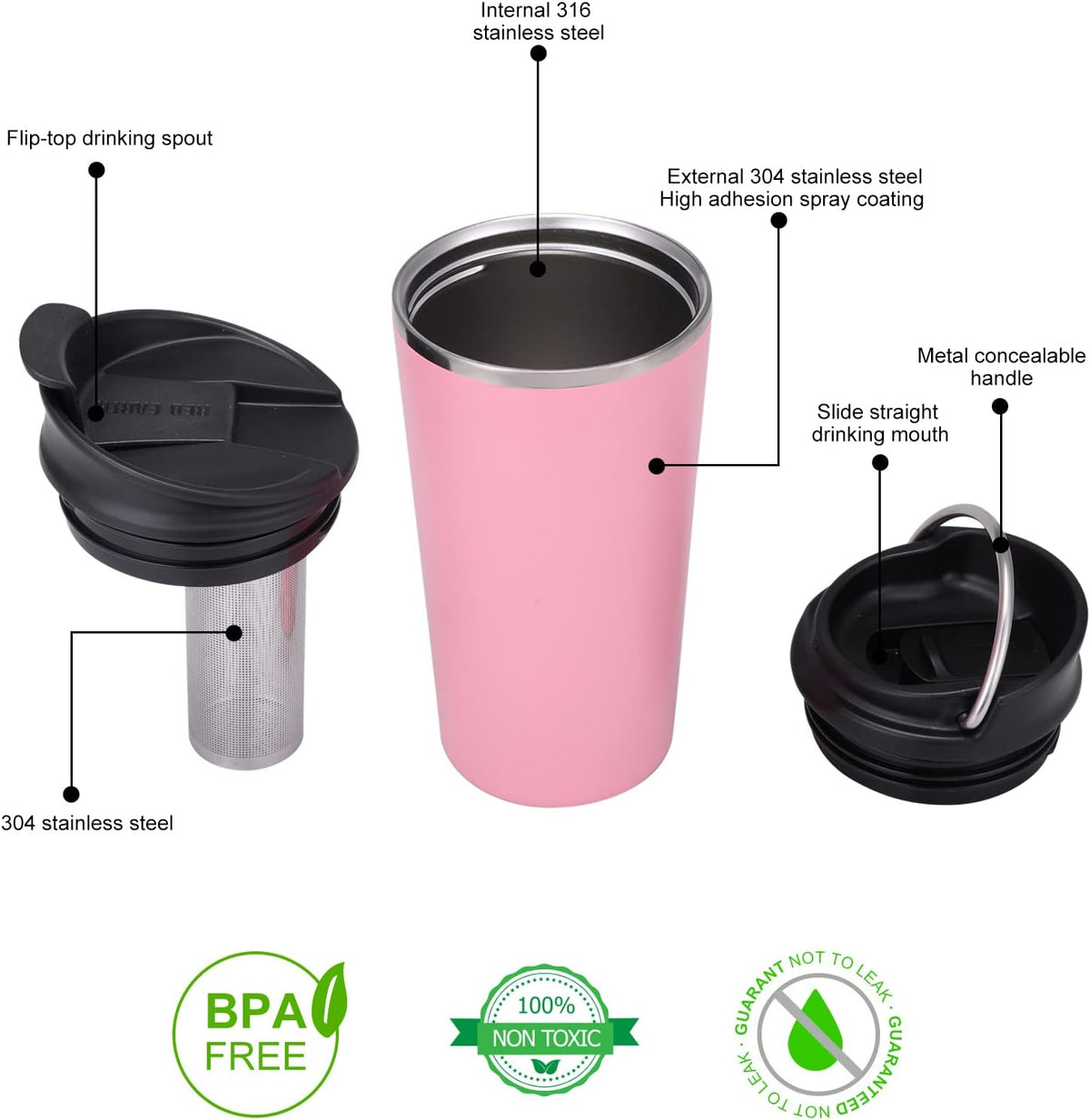 GiNT - Taza de té de viaje de 17 onzas con infusor, 2 tapas. Taza de café de acero inoxidable 316 aislada al vacío. Taza de té apta para lavavajillas con colador para café caliente y frío (rosa)