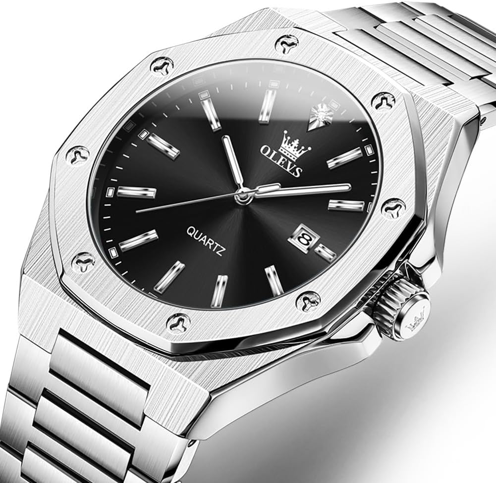 OLEVS Relojes para hombres de lujo octagonales en acero inoxidable de pulsera: reloj analógico de cuarzo de cara grande luminosa