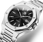 OLEVS Relojes para hombres de lujo octagonales en acero inoxidable de pulsera: reloj analógico de cuarzo de cara grande luminosa