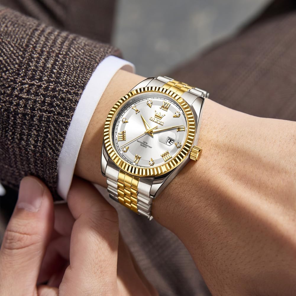 OLEVS Reloj Clásico para Hombre Diamante Analógico Lujo Acero Inoxidable a Dos Tonos Resistente al Agua con Fecha Luminous para Hombres