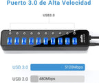 atolla, CH-310U3, hub USB 3.0 de 10 puertos, alimentado, adaptador 12V/2.5A