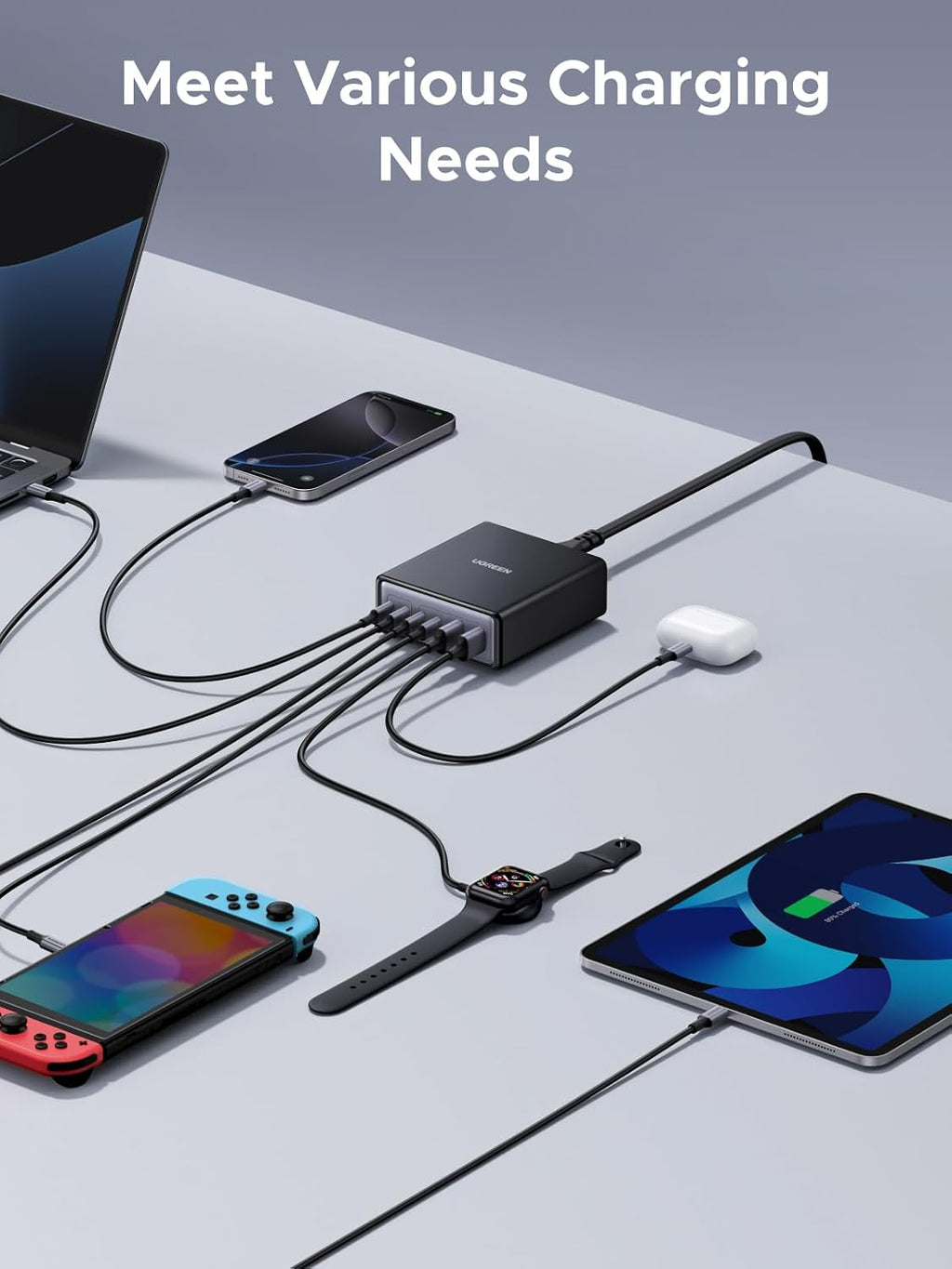 UGREEN Estación de carga USB C de 100 W, cargador de escritorio GaN de 6 puertos con 4 USB-C y 2 USB-A, distribución inteligente de energía para MacBook Pro/Air, Dell XPS, iPad, iPhone 17/16/15