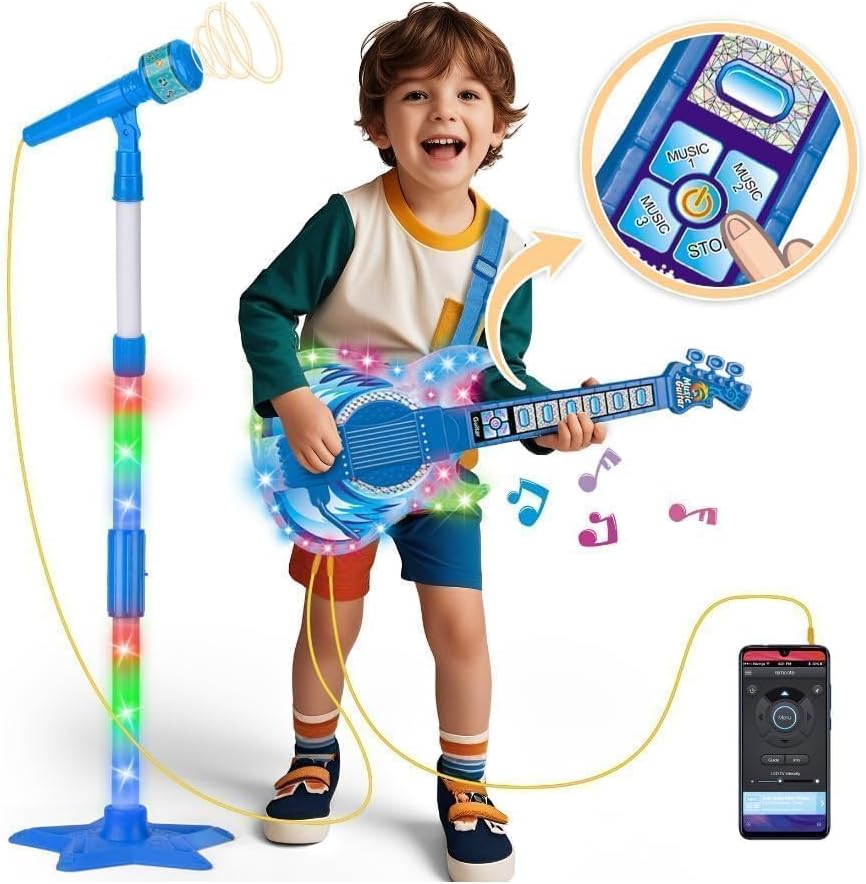 Kids Guitar y Microphone Set, Toddler Musical Instrument Toy, Blue