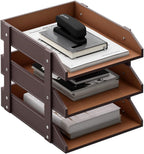 Organizador de escritorio de piel, bandeja de 3 niveles apilable para suministros de oficina, papel, archivo, revista, organización perfecta para oficina para escritorio (marrón-3 niveles)