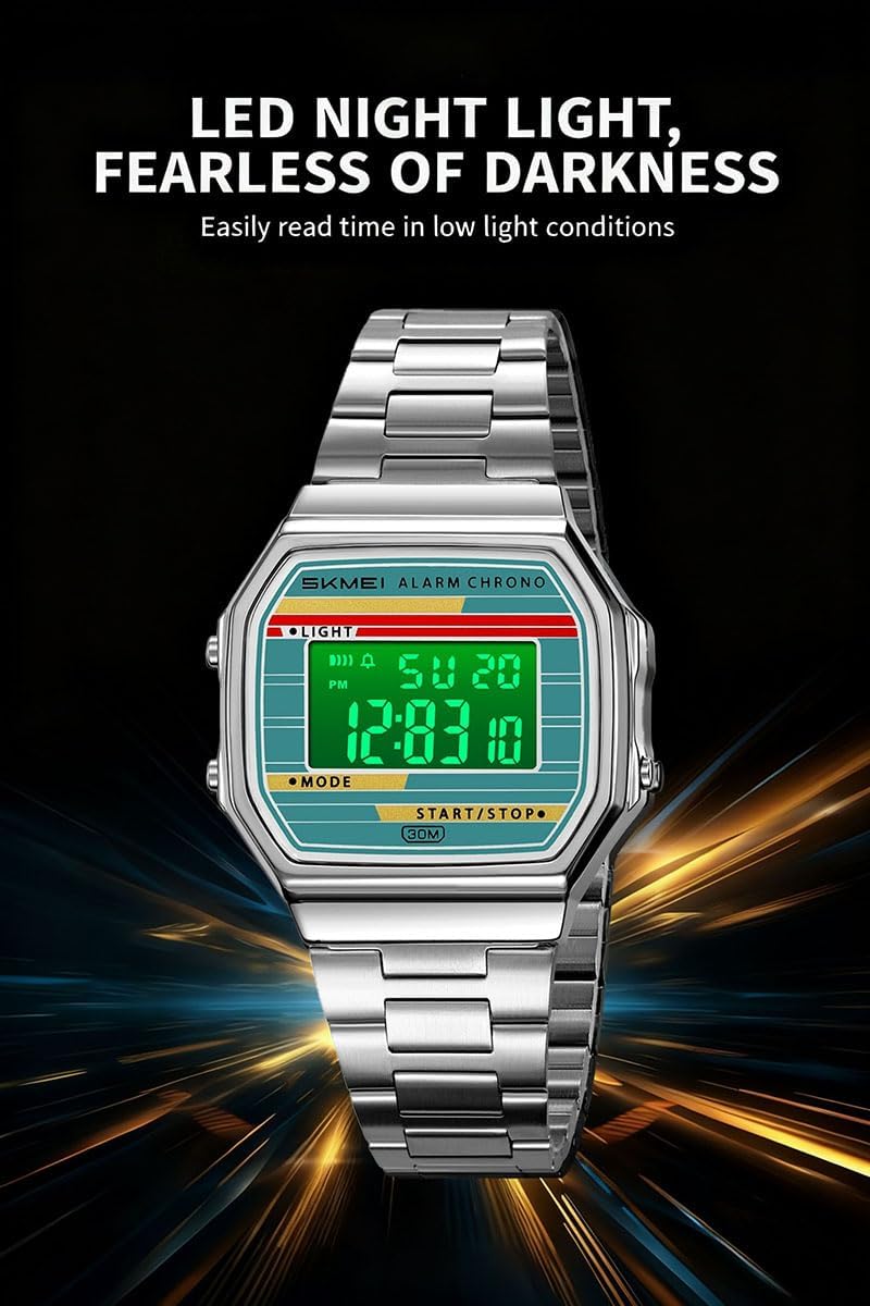 Reloj digital retro de acero inoxidable con banda de alarma, cronógrafo, luz LED, resistente al agua hasta 30 m, reloj de pulsera electrónico vintage para hombres y mujeres