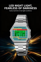Reloj digital retro de acero inoxidable con banda de alarma, cronógrafo, luz LED, resistente al agua hasta 30 m, reloj de pulsera electrónico vintage para hombres y mujeres