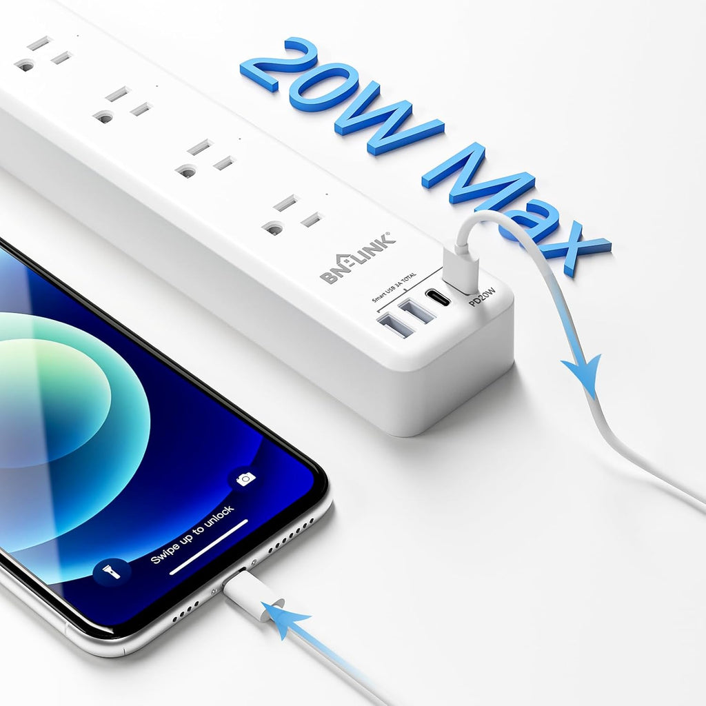 BN LINK tira de alimentación inteligente, protector contra sobrecargas con 4 tomas inteligentes controladas individualmente, 4 USB (incl. USB-C de 20W), compatible con Alexa y Google Home