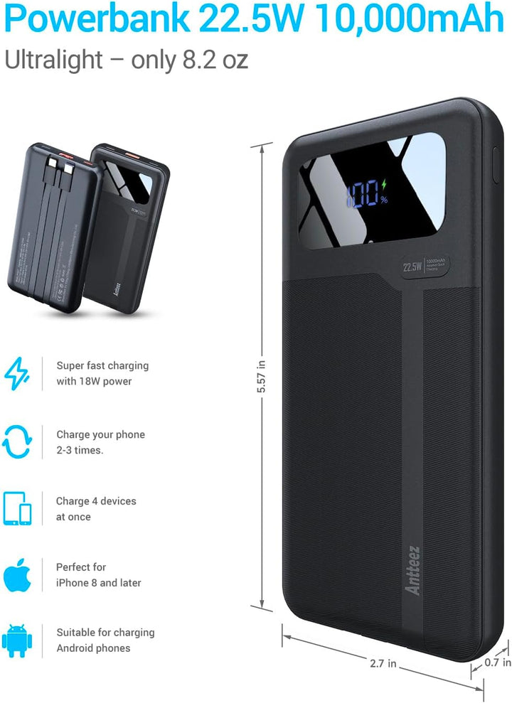 Antteez Cargador portátil de 10,000 mAh, cargador de batería de car...