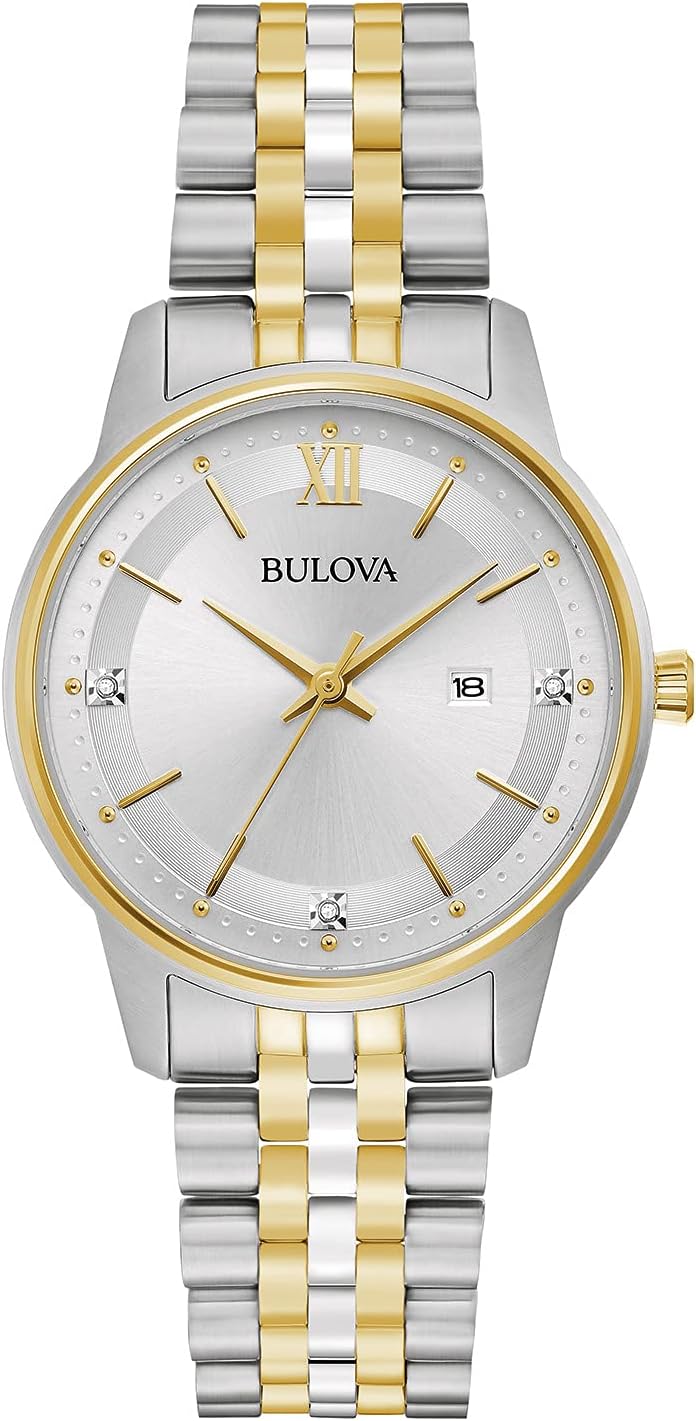 Bulova Reloj clásico de cuarzo con fecha y calendario de 3 manecillas de acero inoxidable dorado de dos tonos para mujer