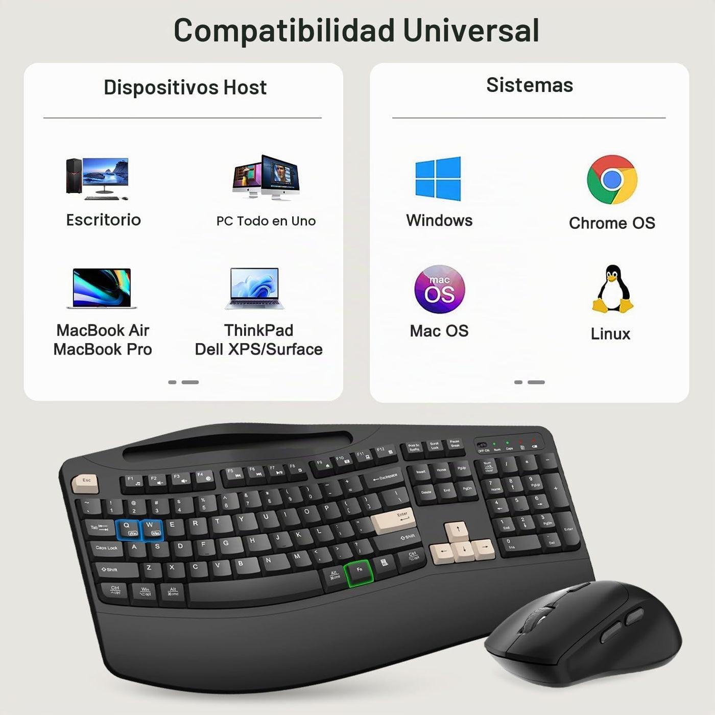 Combo de teclado y mouse inalámbricos, teclas onduladas de tamaño c...