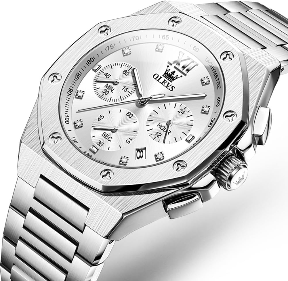OLEVS Relojes para hombres de lujo octagonales en acero inoxidable de pulsera: reloj analógico de cuarzo de cara grande luminosa