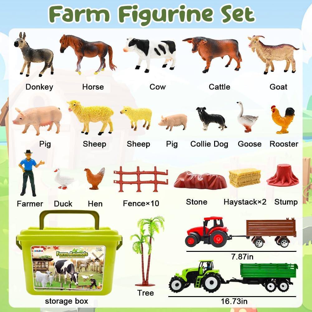 BOLZRA 32PCS Figuras de Animales de Granja con Tractores para Niños Pequeños de 1 a 5 años