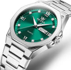 OLEVS Reloj de cuarzo octogonal de acero inoxidable para hombre, resistente al agua, para negocios, casual, de vestir, reloj de pulsera de lujo con diamantes luminosos para el día y fecha, regalo para