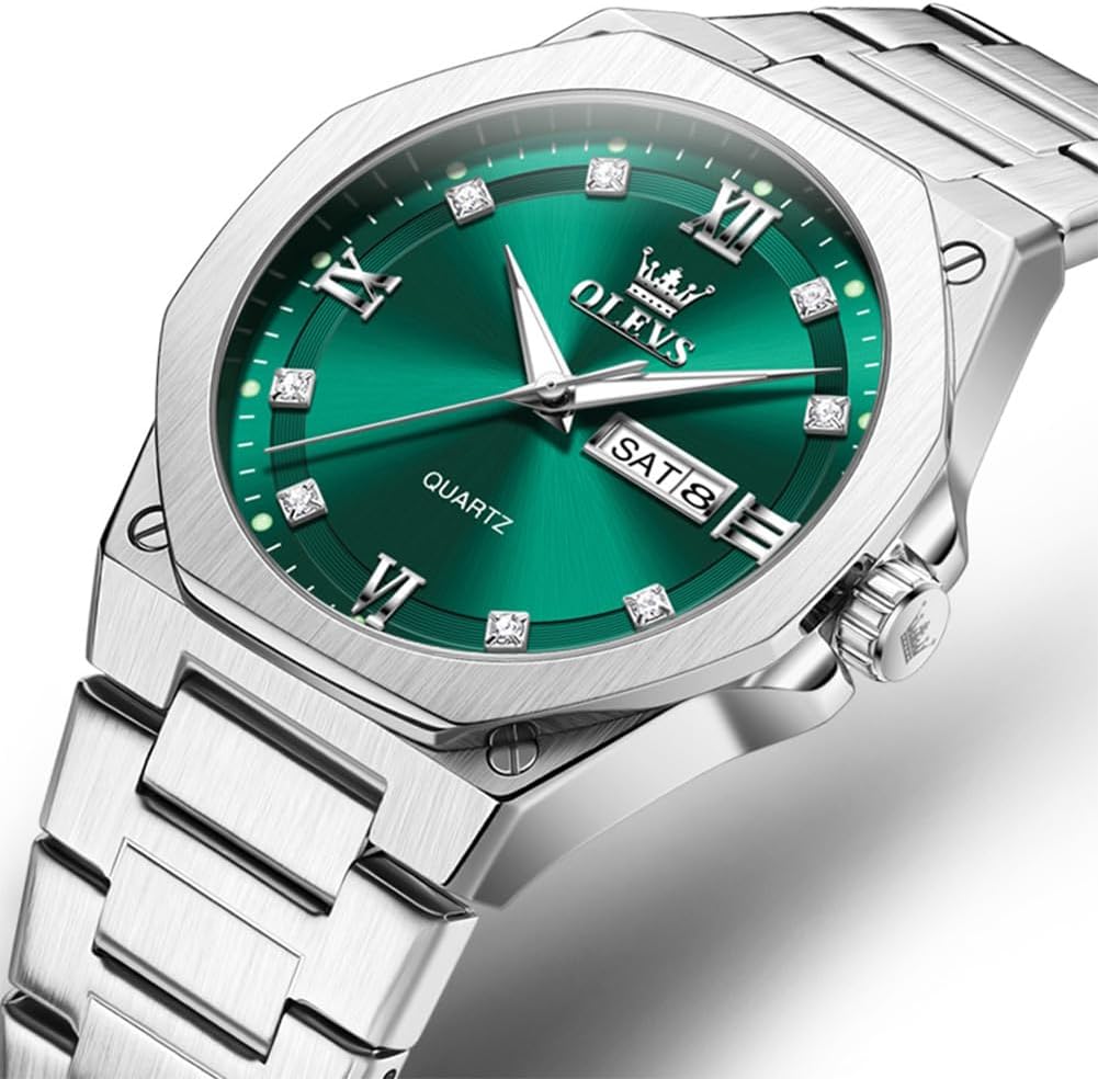 OLEVS Reloj de cuarzo octogonal de acero inoxidable para hombre, resistente al agua, para negocios, casual, de vestir, reloj de pulsera de lujo con diamantes luminosos para el día y fecha, regalo para
