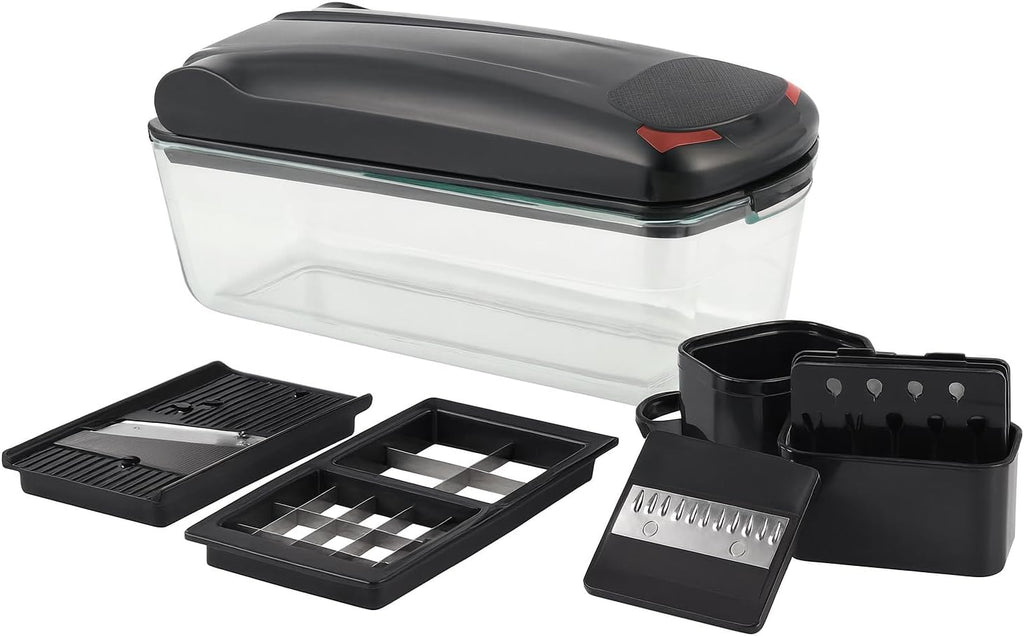 Le'raze Picadora de verduras 13 en 1 Pro con recipiente de vidrio, cuchillas de acero inoxidable, sin BPA, cortador de mandolina, manual