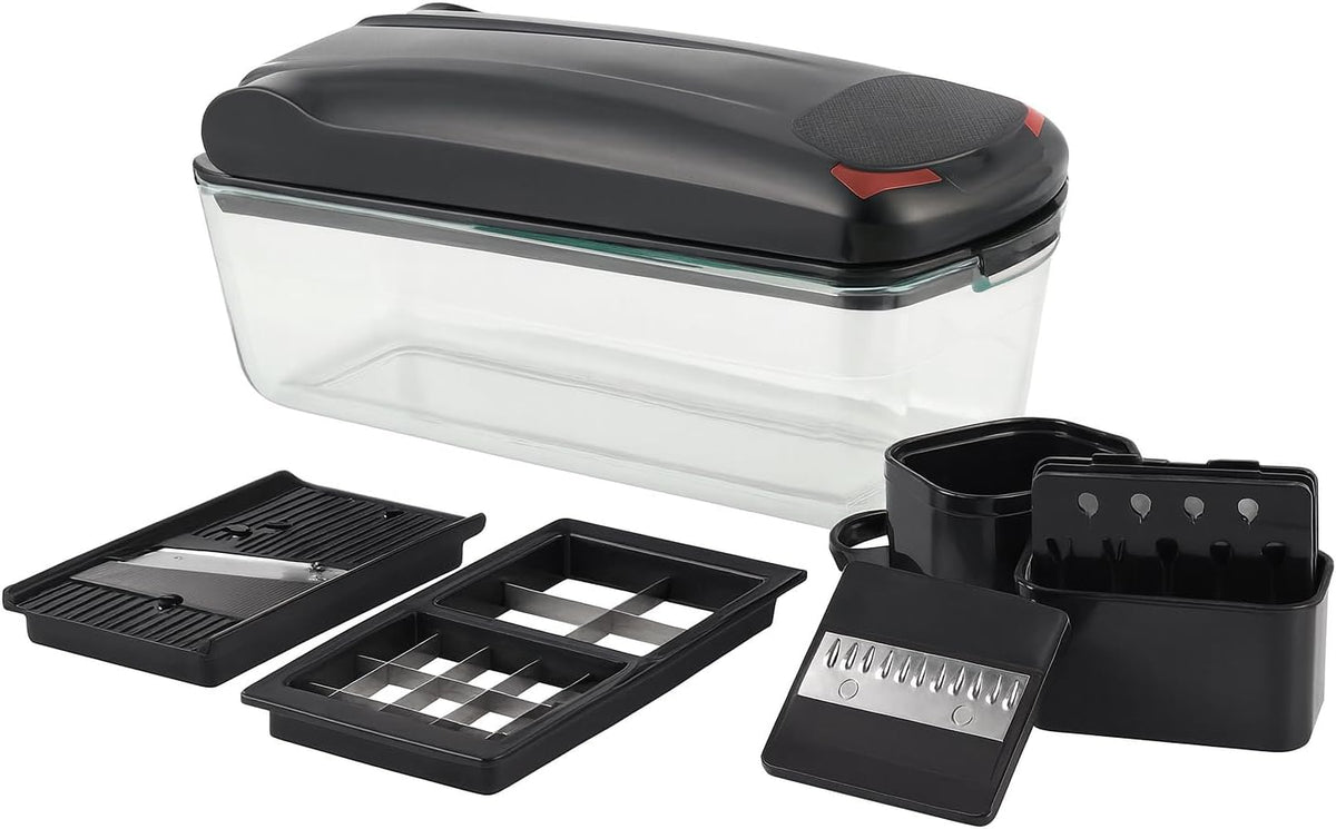 Le'raze Picadora de verduras 13 en 1 Pro con recipiente de vidrio, cuchillas de acero inoxidable, sin BPA, cortador de mandolina, manual