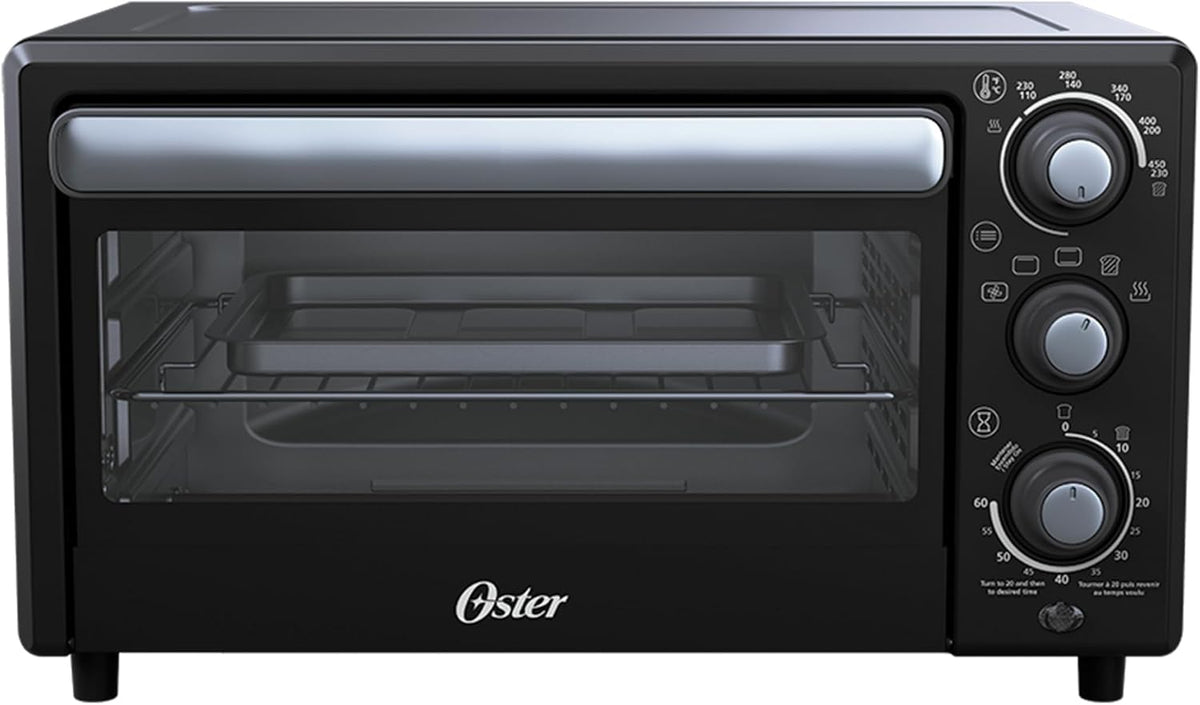 Oster® Horno tostador compacto con freidora de aire. Horno de pizza de encimera de convección, tostadora de 4 rebanadas con 5 funciones de cocción: freír al aire, hornear, tostar, asar y calentar