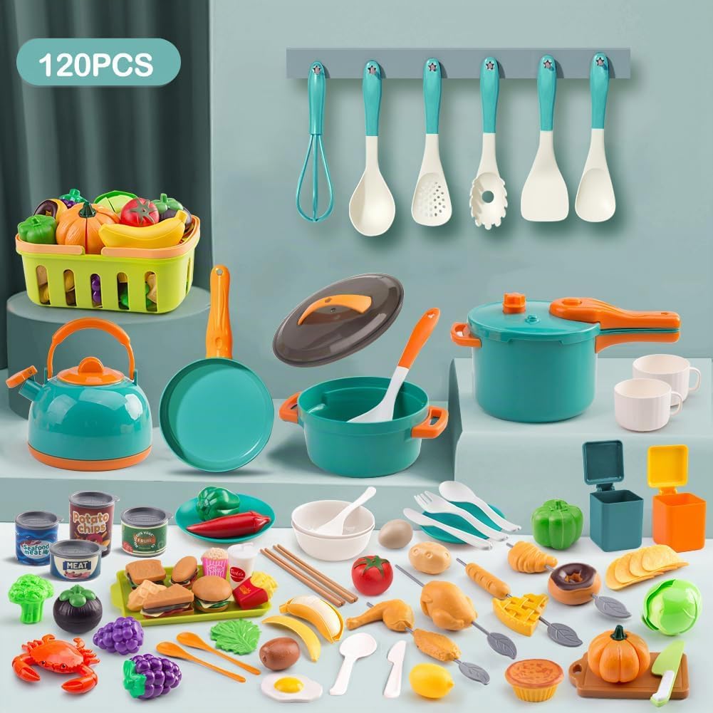 120 piezas Accesorios de Mini Cocina de Juego, Set de Juego de Cocina Infantil con Postres, Verduras Cortables y BBQ y Cesta de Almacenamiento, Regalo Educativo para Niños Pequeños, Niño, Verde