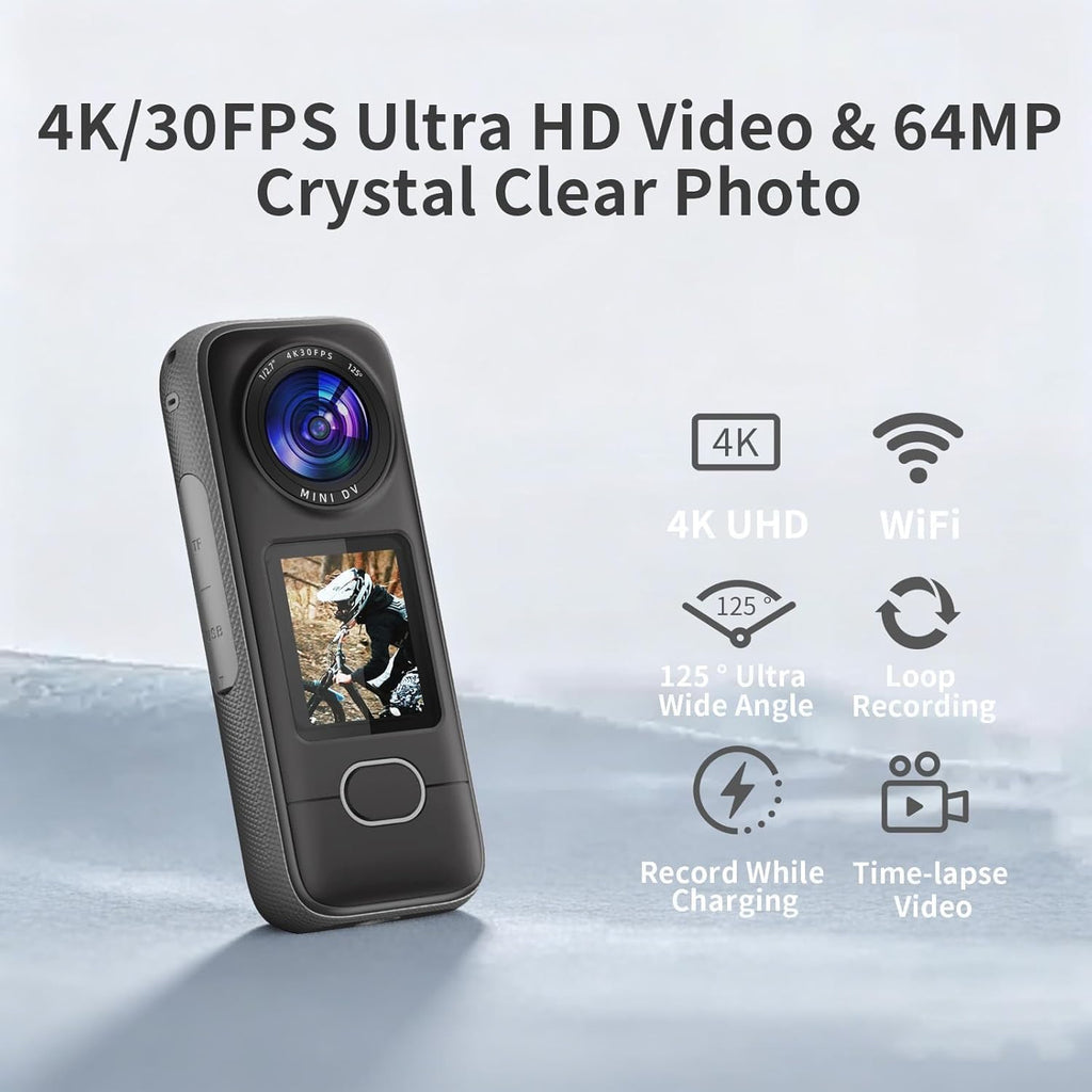 Cámara de acción 4K, 3.5 horas de duración de la batería, grabación manos libres, cámara de vlogging portátil IPX6 impermeable con pantalla HD de 1.4 pulgadas, grabadora de video con WiFi para viajes