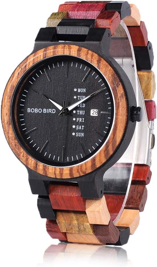 BOBO BIRD Relojes de madera coloridos relojes de pulsera de madera para semana y fecha, multifunción, hecho a mano, reloj de cuarzo, cronógrafo deportivo, reloj de pulsera único para hombres y mujeres