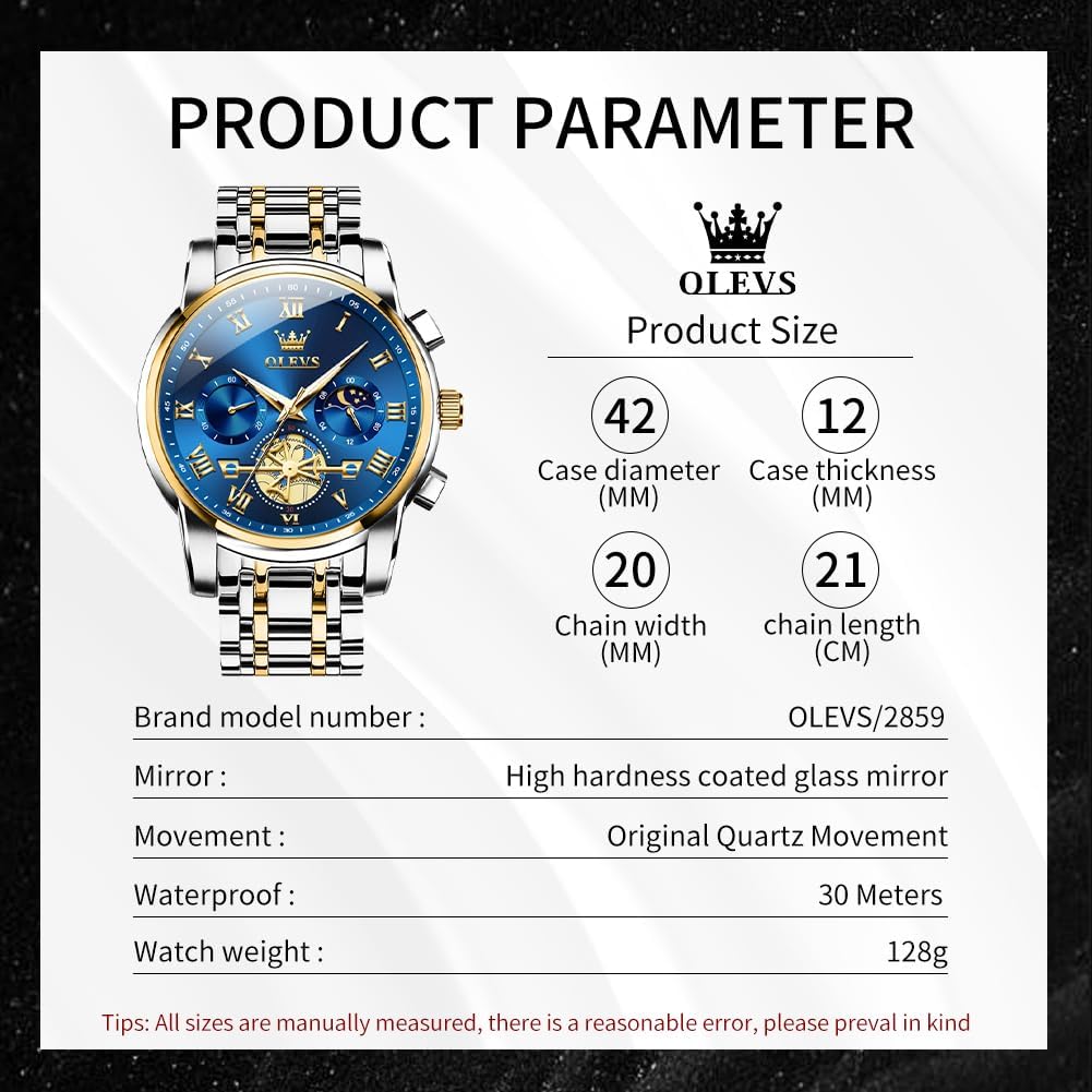OLEVS Relojes para hombre, resistente al agua, de lujo, gran cara, reloj analógico de cuarzo de acero inoxidable, relojes de vestir analógicos para hombre, luminoso, multifuncional, reloj de hombre