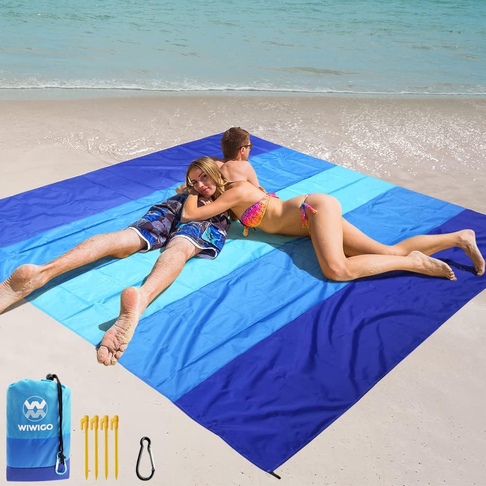 WIWIGO Manta de playa impermeable a prueba de arena, 79 x 83 pulgadas, 10 x 9 pies para 2-8 adultos, de secado rápido, tapete de picnic al aire libre, accesorios de playa para viajes, campamento