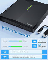 ORIGBELIE Unidad externa de CD\/DVD para portátil, 4 puertos USB y...