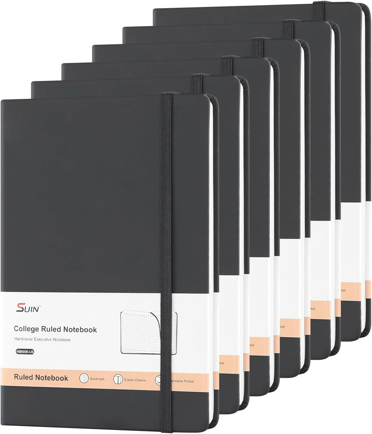 Cuadernos de diario de tapa dura, cuadernos de diario rayados A5 para escribir de 200 páginas, 8.2 x 5.5 pulgadas, cuadernos clásicos rayados para trabajo/viajes/universidad (Negro - Paquete de 6