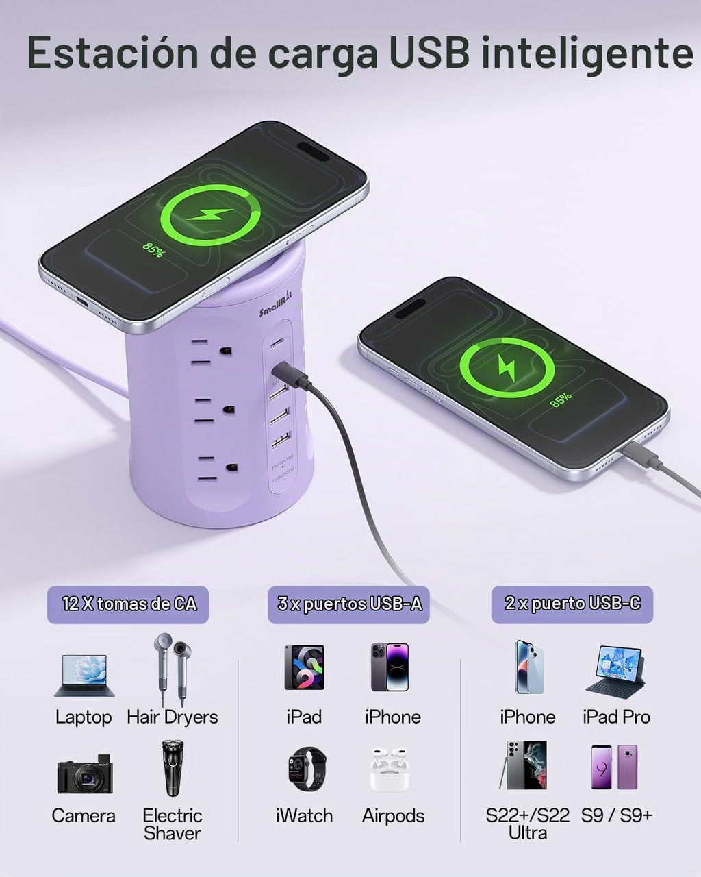 Regleta de alimentación con puertos USB, cable de extensión con múltiples salidas (12AC+3A+2C), estación de carga de torre de escritorio de 6.5 pies para el hogar, oficina, artículos esenciales para