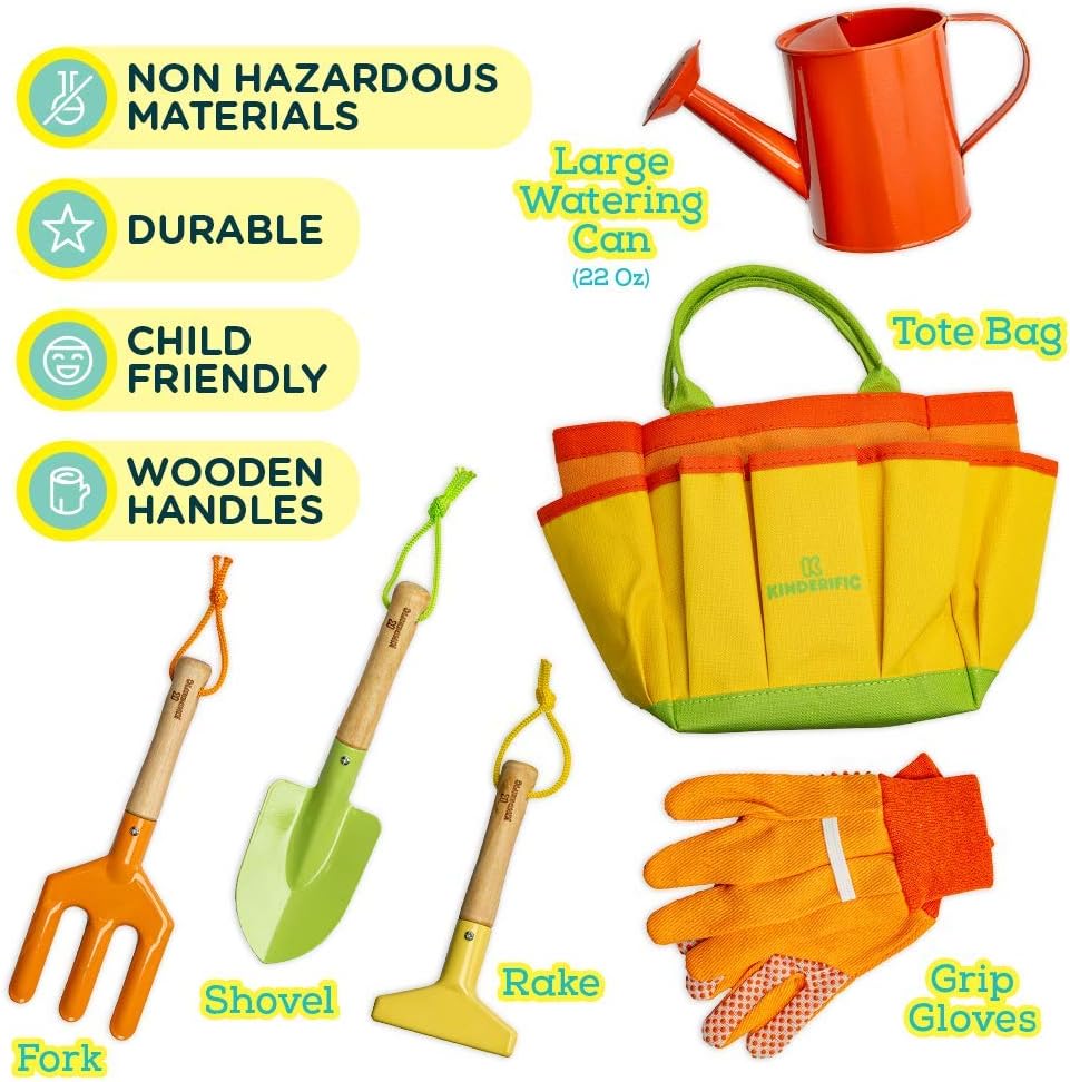 Juego de Jardinería, Kit de Herramientas, para Niños, STEM, Incluye Bolsa de Transporte, Pala, Regadera, Rastrillo, Horquilla, Paleta y Guantes (Sunshine)
