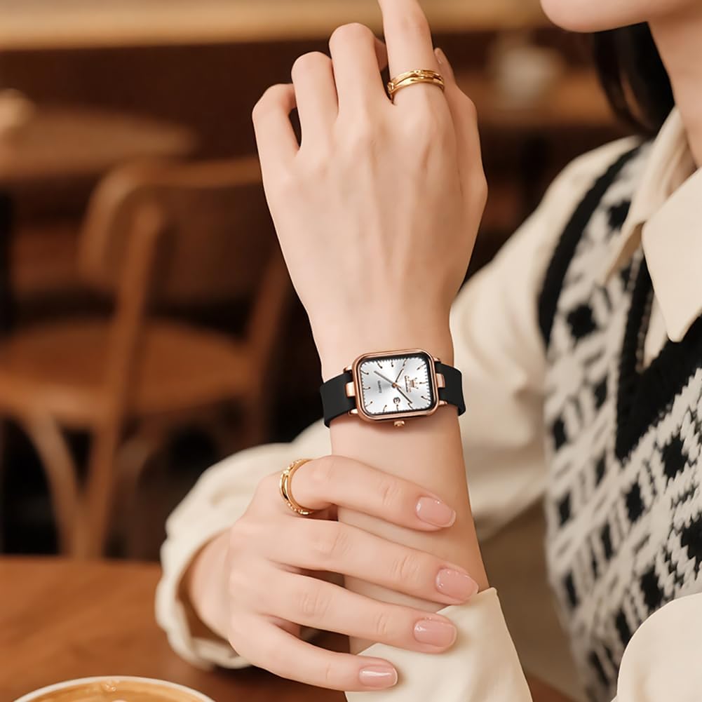 OLEVS Reloj para Mujer Casual Fashion Cuadrante Cuadrado Correa de Silicona Negra Elegante Delicado Cuarzo a Prueba de Agua Lectura Fácil
