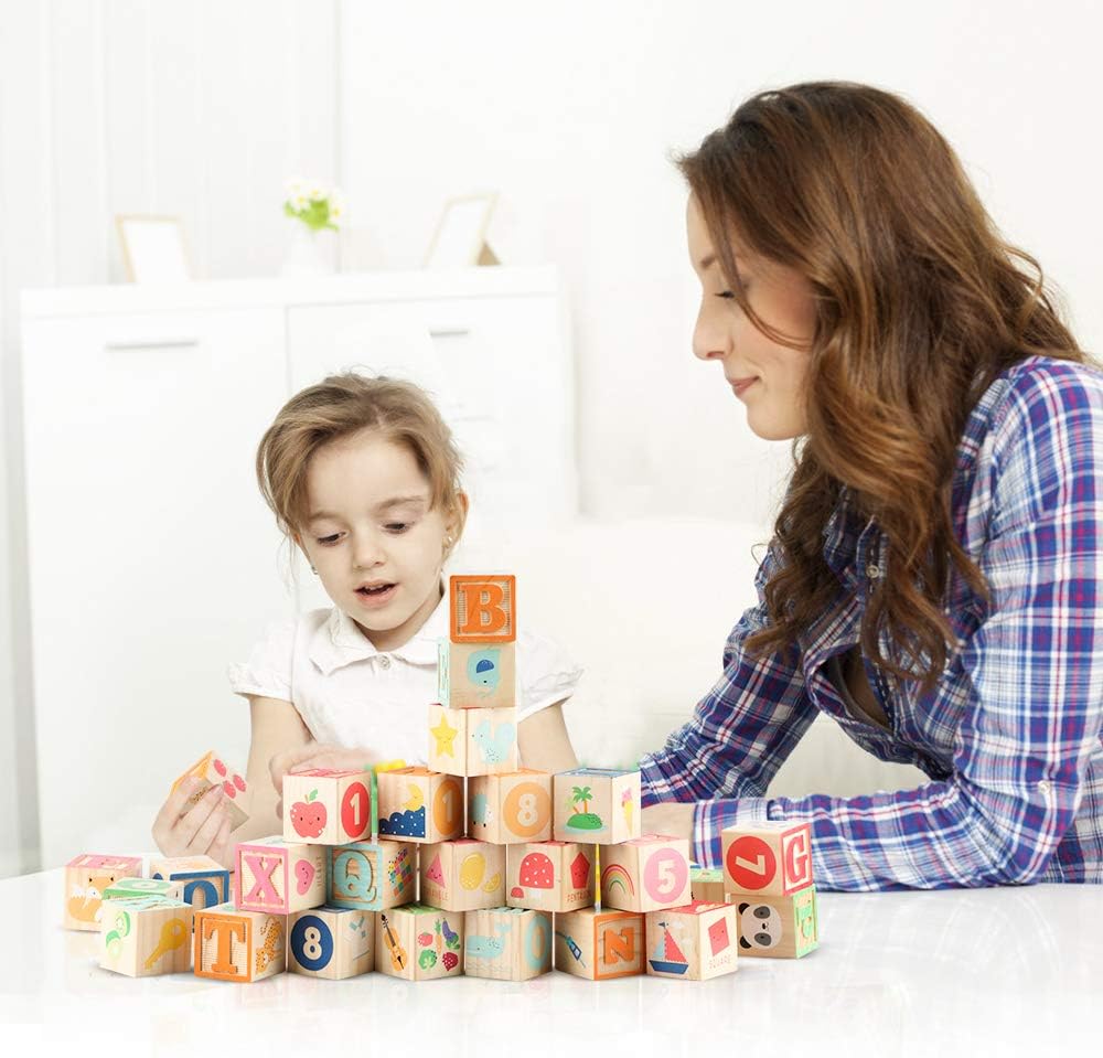 ABC Bloques de construcción de madera para niños pequeños de 1 a 3 años, 26 bloques apilables del alfabeto y números, juguetes educativos de aprendizaje para niños y niñas, regalos de 1.65