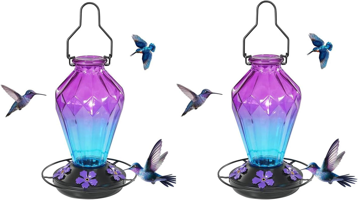 Paquete de 2 comederos de vidrio para colibríes para colgar al aire libre, alimentador de néctar de colibríes de 25 onzas, perca, 5 puertos de alimentación de flores, base a prueba de fugas, gancho
