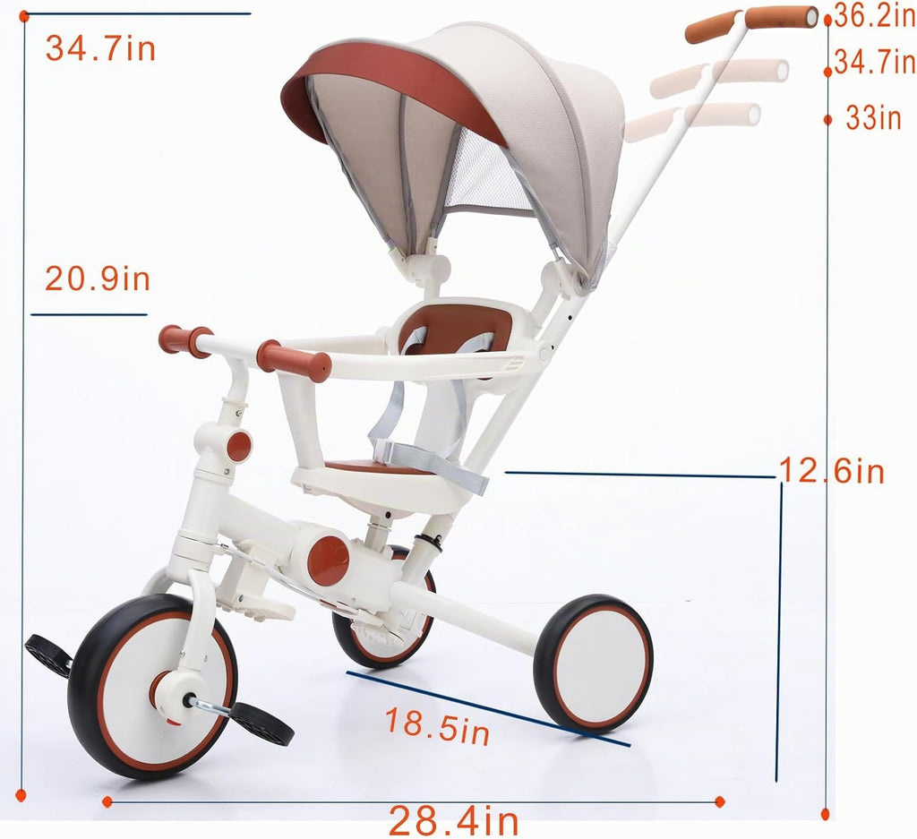 Triciclo plegable de empuje para niños pequeños con toldo, triciclo de equilibrio 8 en 1 con asa, triciclo para niños de 1 a 3 años, triciclos plegables para niños (blanco)