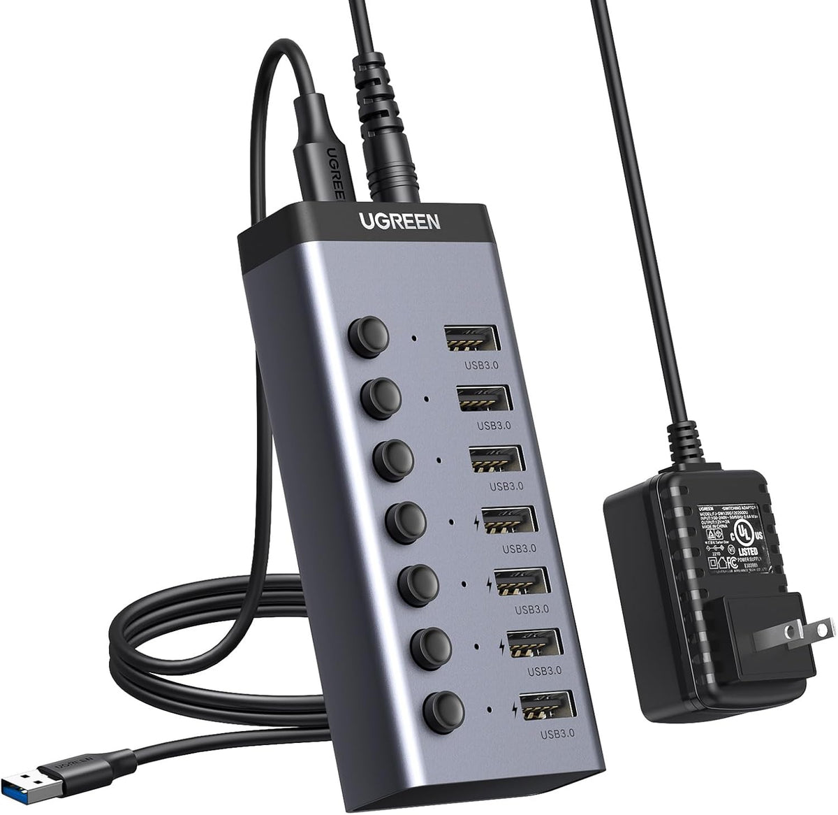 UGREEN, 90305, hub USB 3.0 de 7 puertos, adaptador 12V/2A