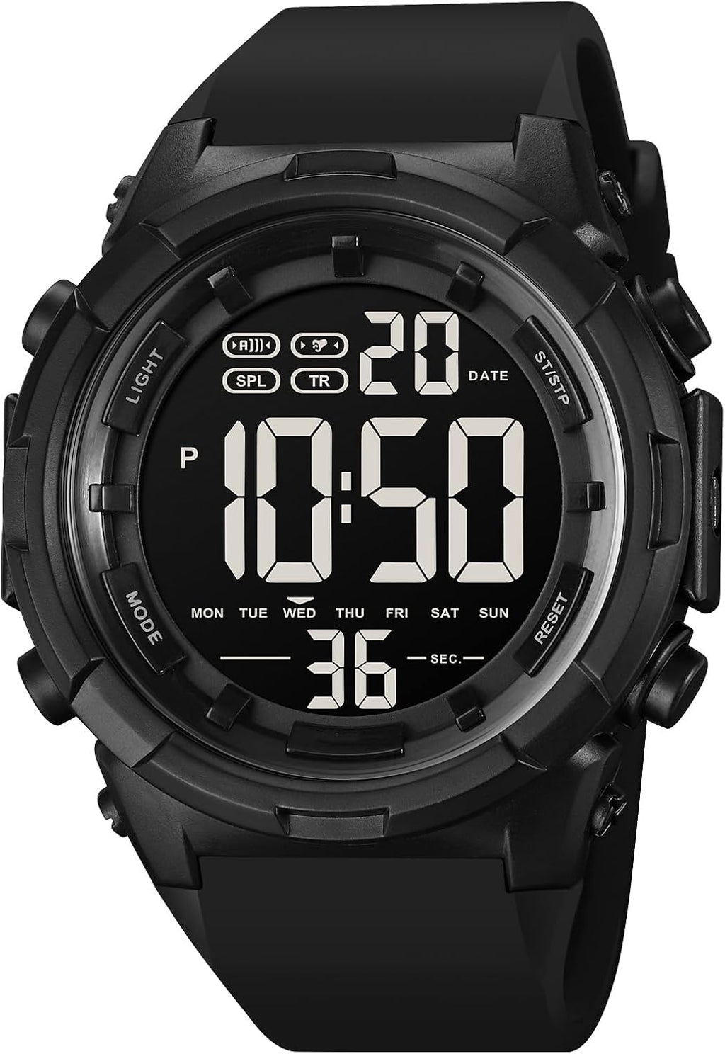 XCZAP Reloj deportivo digital negro para hombre, reloj táctico militar de cara grande, resistente al agua 5ATM, retroiluminación LED, alarma, cronómetro, doble hora