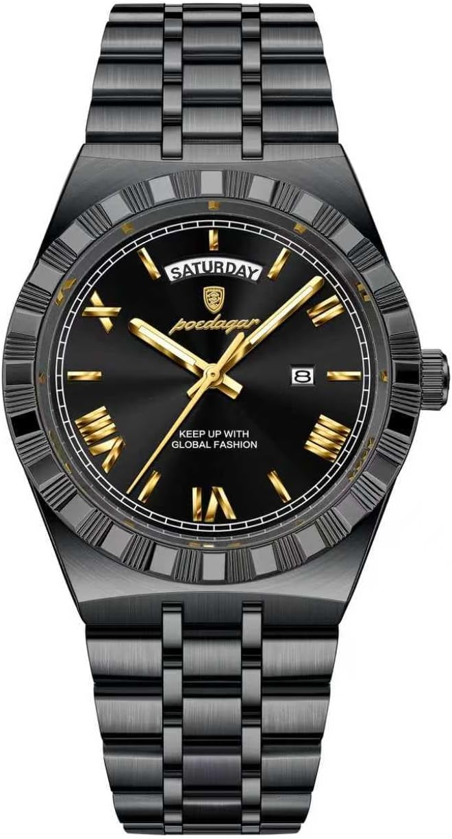 Poedagar Reloj de negocios para hombre, clásico de la semana, fecha, impermeable, luminoso, reloj de pulsera para hombre, acero inoxidable, moda de cuarzo, relojes masculinos