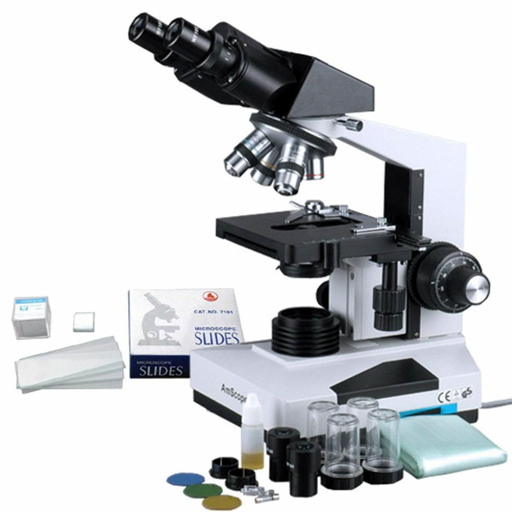 AmScope - Microscopio binocular de compuesto biológico 1600X + 50 portaobjetos + 100 cubreobjetos - B490A-50P100S