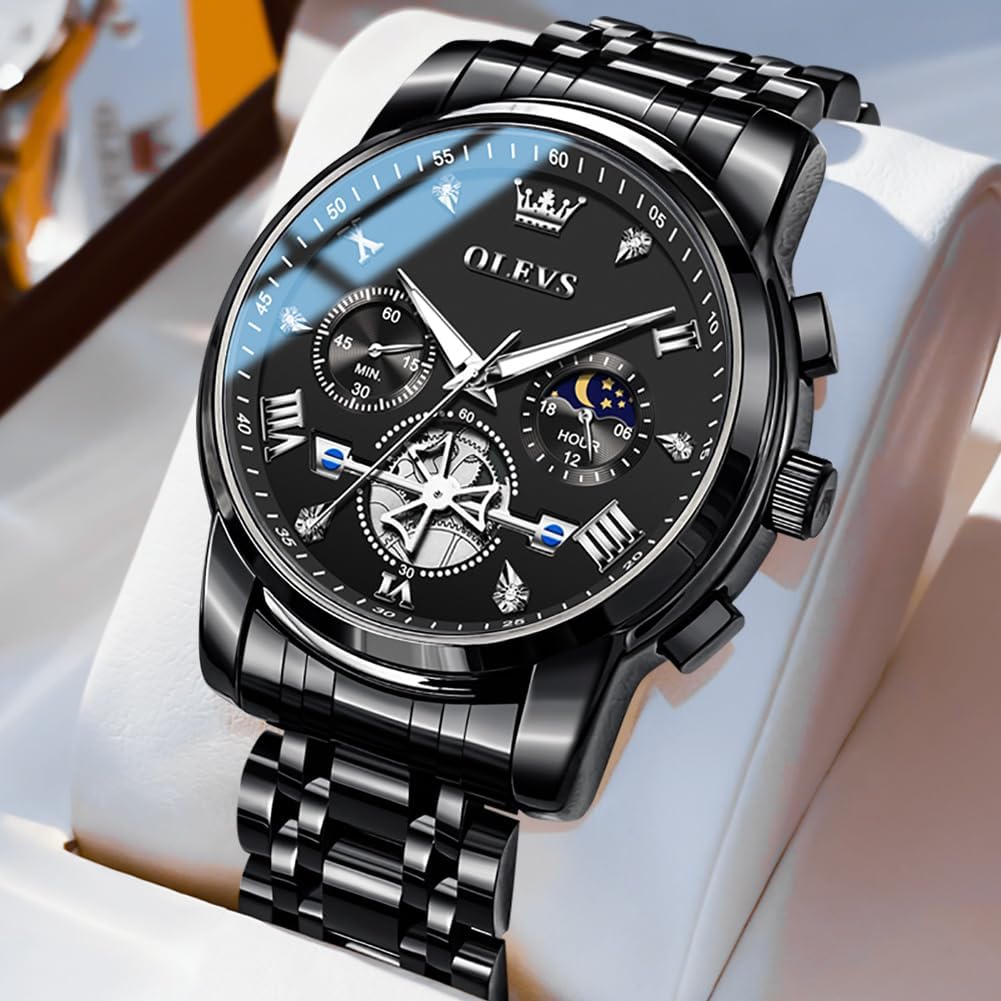 OLEVS Relojes para hombre de lujo de acero inoxidable grande analógico cuarzo impermeable