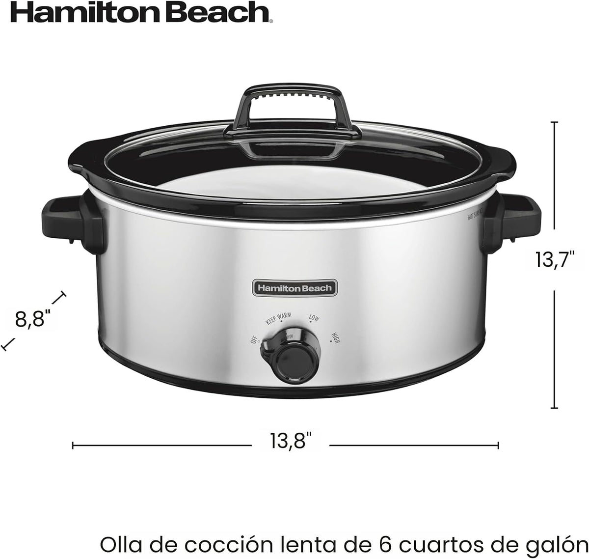 Hamilton Beach Olla de cocción lenta de 6 cuartos con 3 ajustes de cocción