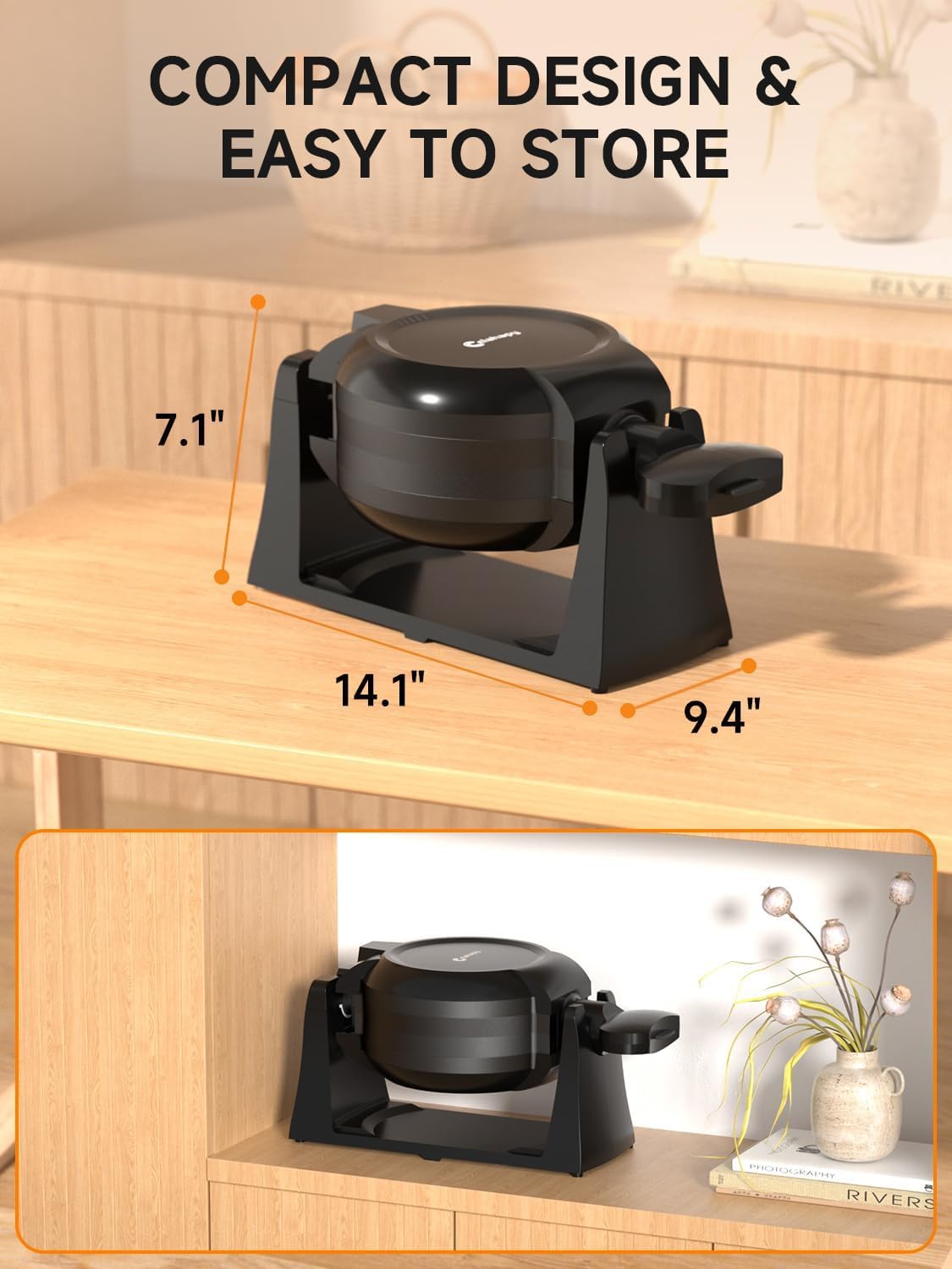 Waffle Maker, Plancha para gofres belga doble de 1400W, volteo de 180°, 8 rebanadas, placas giratorias y antiadherentes, bandeja para goteo removible para fácil limpieza, mangos de toque frío