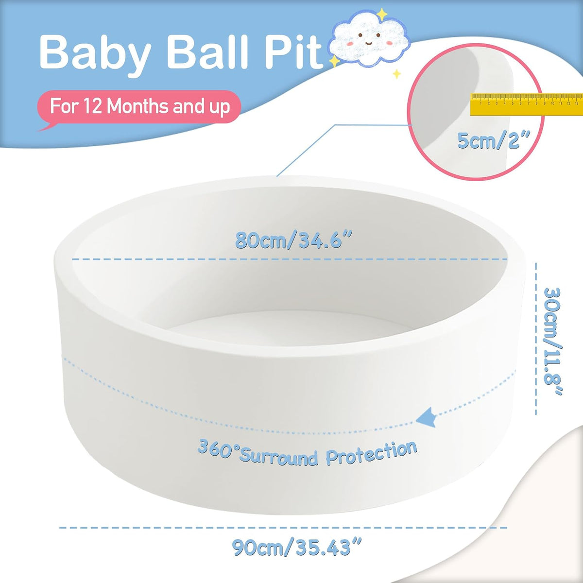 Piscina de bolas de espuma de 35.4 x 11.8 pulgadas para niños pequeños, pelotas redondas para bebés de 1 a 3 años, pelotas de juego para niños y niñas, pelotas no incluidas, color blanco