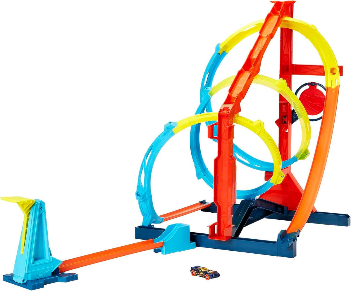 Hot Wheels Juego de pistas de coche de juguete, kit de torsión de sacacorchos ilimitado y vehículo a escala 1:64, 2 formas de correr, se conecta a otras pistas
