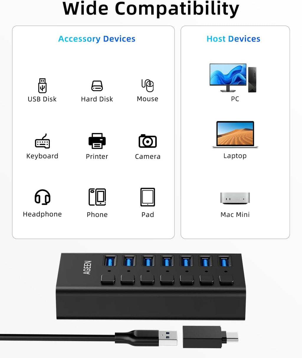 AGEEN, hub USB 3.2 de 7 puertos, alimentado, adaptador 12V/2A