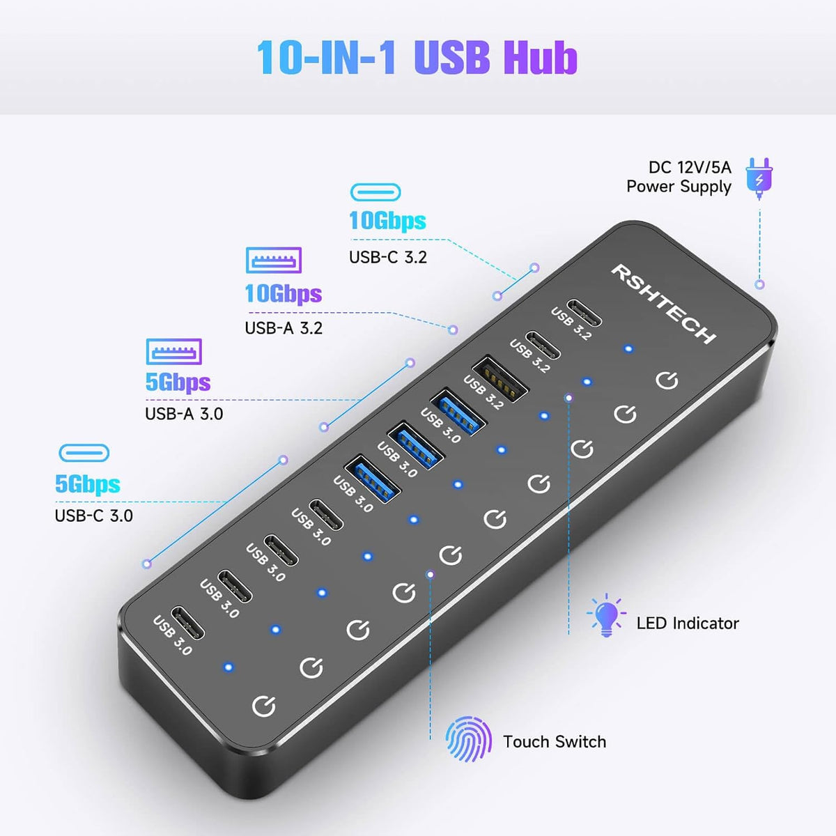 RSHTECH, RSH-ST10C-6, hub USB 3.2 de 10 puertos, alimentado, adaptador 12V/5A