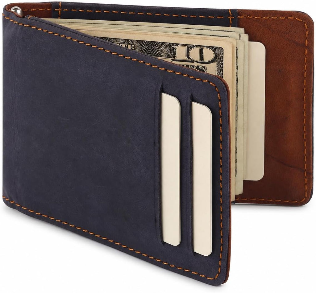Cartera de cuero toscano para hombre, con cierre magnético, cierre magnético, con bloqueo RFID, minimalista, bolsillo frontal, cartera de cuero para hombres, Azul marino/Bourbon
