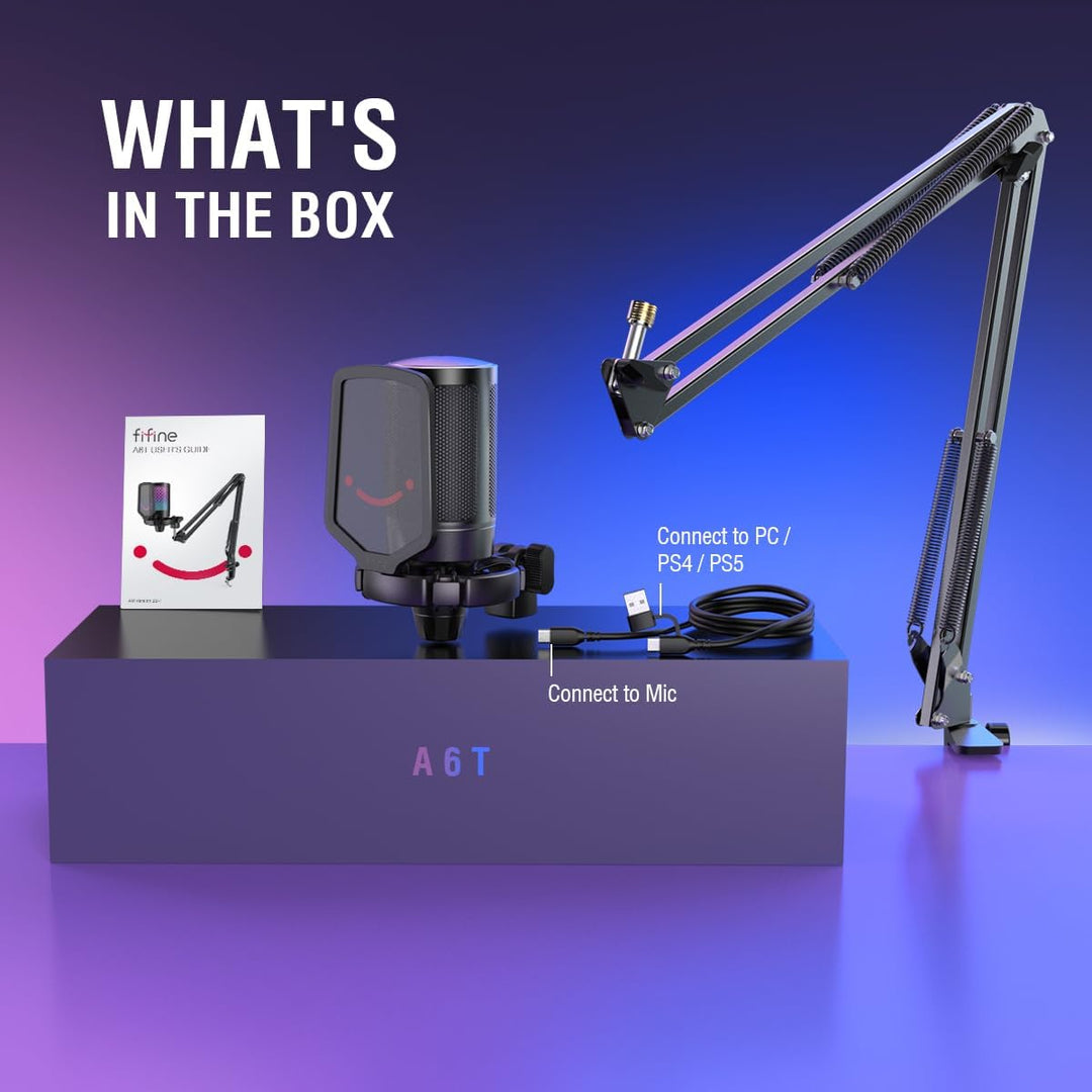 FIFINE Gaming PC USB Microphone, Podcast Condenser Mic with Boom Ar...