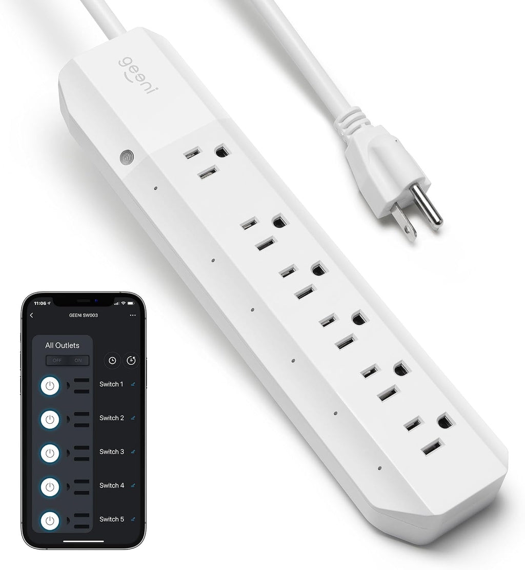 Geeni Smart Surge Protector Power Strip con 6 Wi-Fi Outlets, 3 ft. Cord