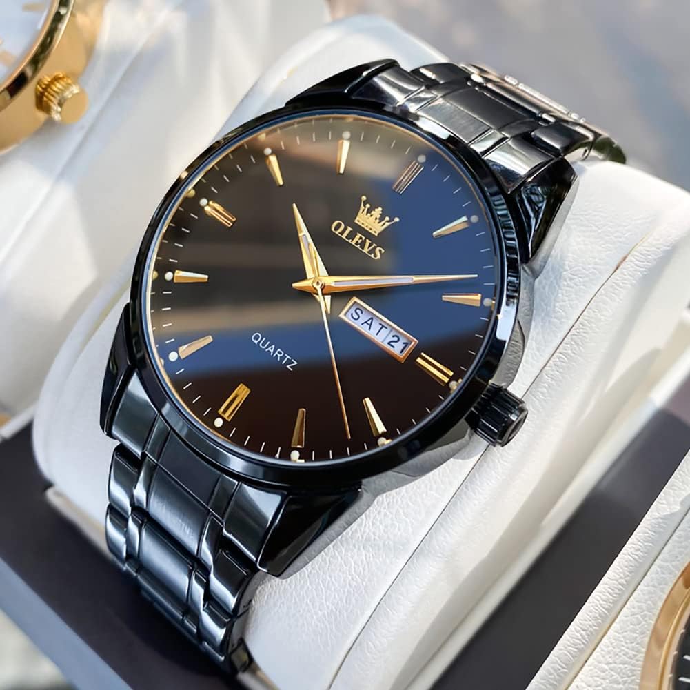 OLEVS Relojes dorados para hombre, impermeables, de acero inoxidable, analógicos, relojes de pulsera para vestir, casual, clásico, de lujo, bonito y elegante, para hombre, dorado, negro, blanco, azul