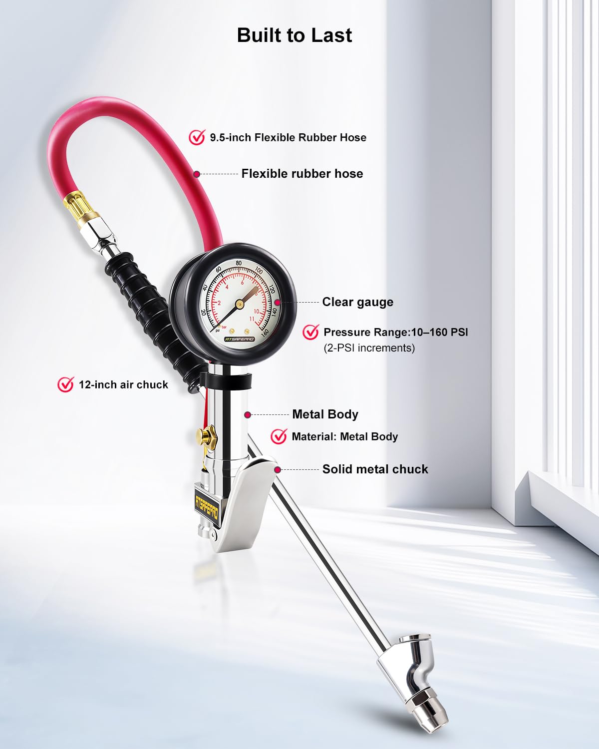 ATsafepro Inflador de neumáticos con manómetro, 10-160 PSI, mandril...
